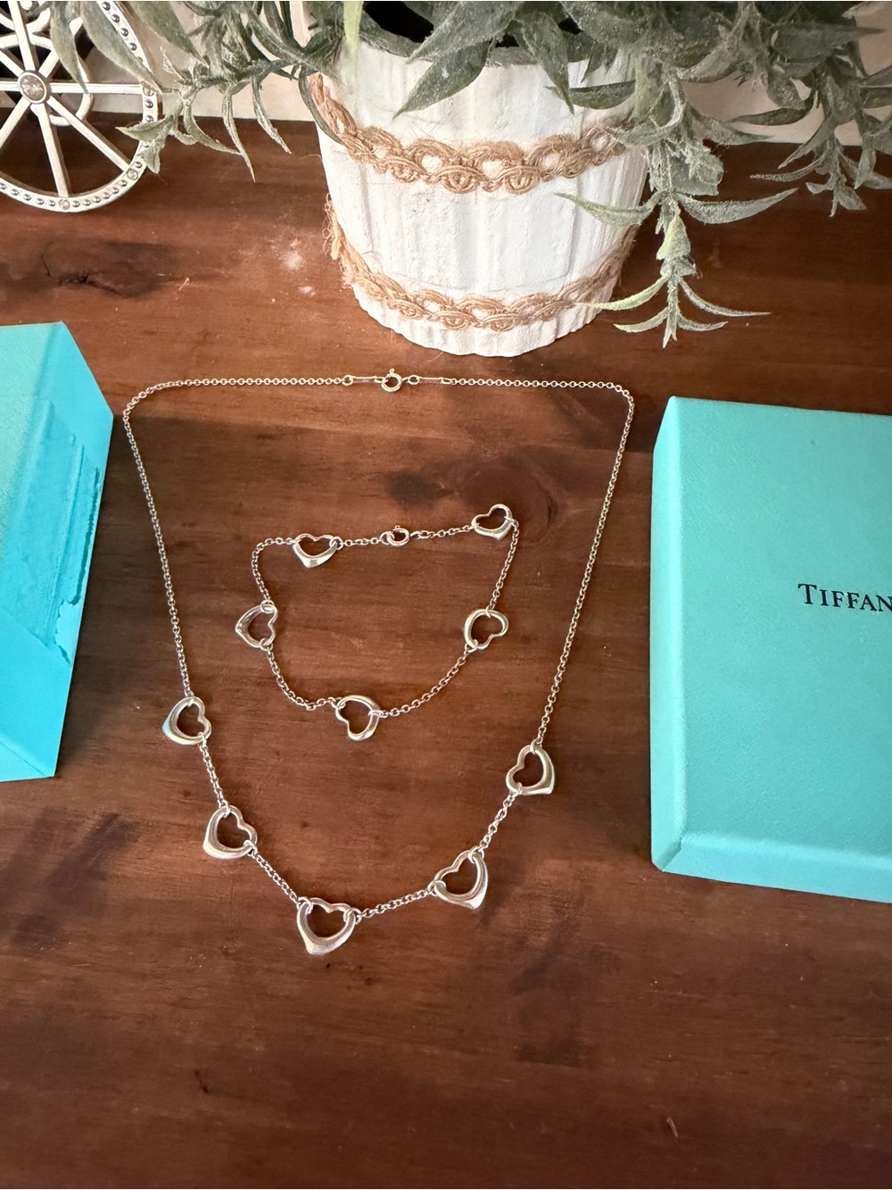Tiffany & Co. Silver Open Heart Necklace and Bracelet Set - Blue Accents